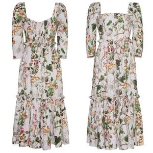 Cara Cara Blue Hill Whimsical Ivory Midi Dress Floral Linen Ruffle Tier - Size 4